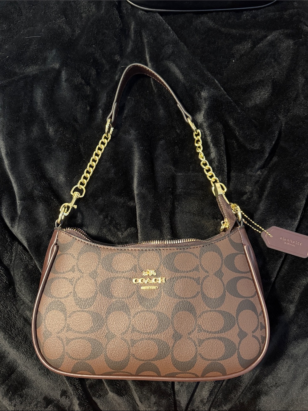 Coach Brown Signature Canvas Shoulder Bag with Gold Chain Accent